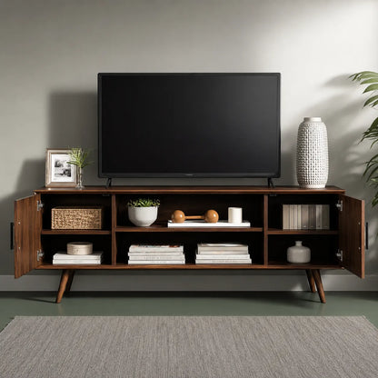Mid Century Modern TV Stand with Cabinet Storage and Open Shelves - Livewoodcraft - 7