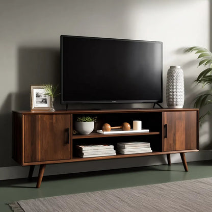 Mid Century Modern TV Stand with Cabinet Storage and Open Shelves - Livewoodcraft - 8