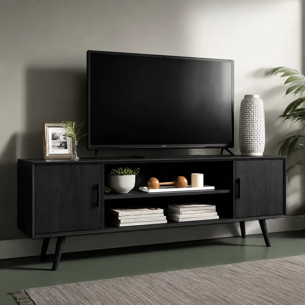 Mid Century Modern TV Stand with Cabinet Storage and Open Shelves - Livewoodcraft - 9