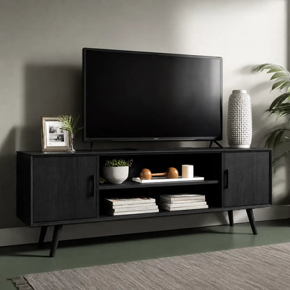 Mid Century Modern TV Stand with Cabinet Storage and Open Shelves - Livewoodcraft - 9