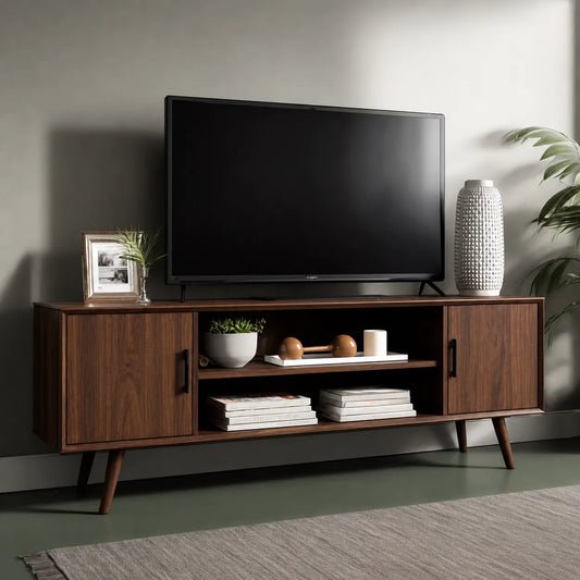 Mid Century Modern TV Stand with Cabinet Storage and Open Shelves - Livewoodcraft