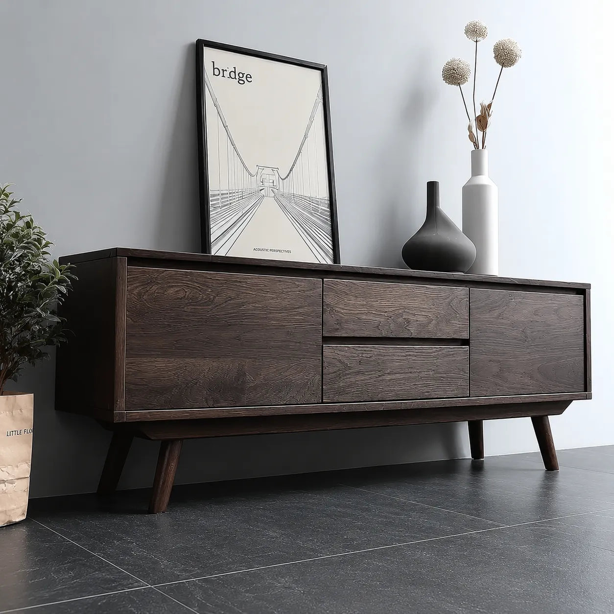 Mid Century Natural Solid Wood TV Stand with Drawer and Cabinet Storage - Livewoodcraft - 11