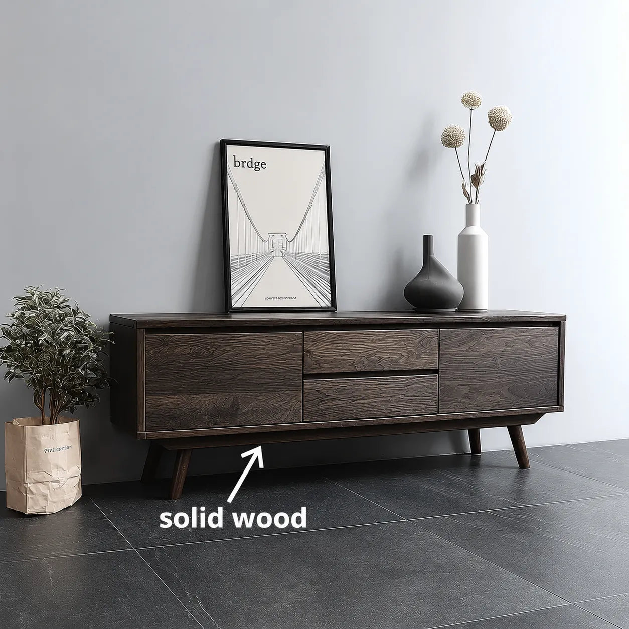 Mid Century Natural Solid Wood TV Stand with Drawer and Cabinet Storage - Livewoodcraft - 2