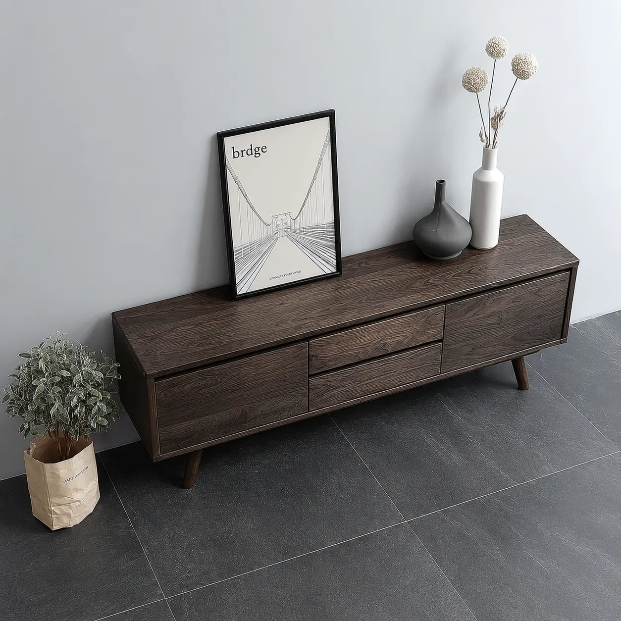 Mid Century Natural Solid Wood TV Stand with Drawer and Cabinet Storage - Livewoodcraft - 5