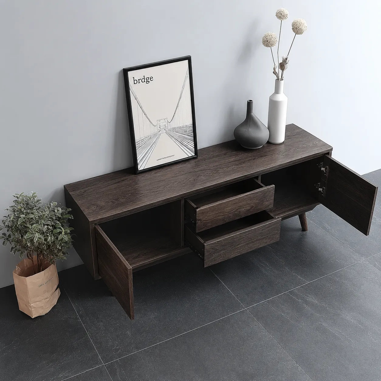 Mid Century Natural Solid Wood TV Stand with Drawer and Cabinet Storage - Livewoodcraft - 6