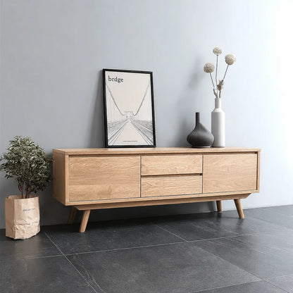 Mid Century Natural Solid Wood TV Stand with Drawer and Cabinet Storage - Livewoodcraft - 7
