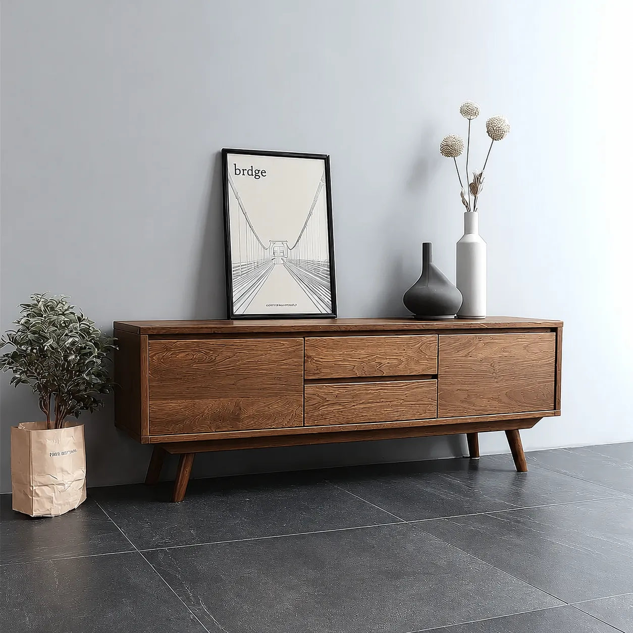 Mid Century Natural Solid Wood TV Stand with Drawer and Cabinet Storage - Livewoodcraft - 8