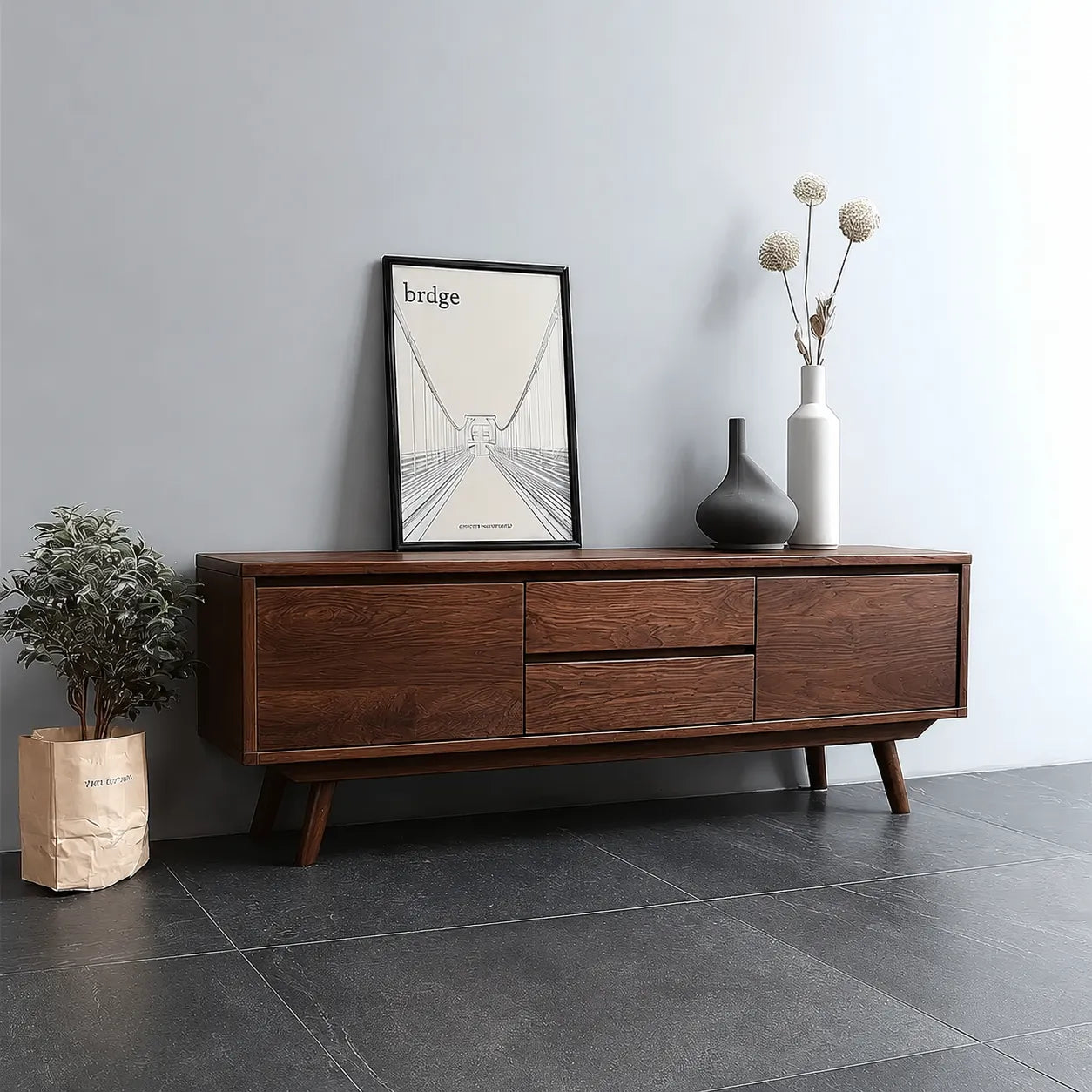 Mid Century Natural Solid Wood TV Stand with Drawer and Cabinet Storage - Livewoodcraft - 9