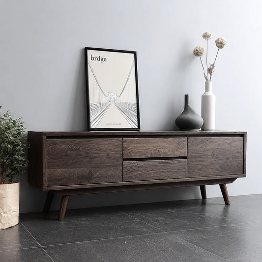 Mid Century Natural Solid Wood TV Stand with Drawer and Cabinet Storage - Livewoodcraft