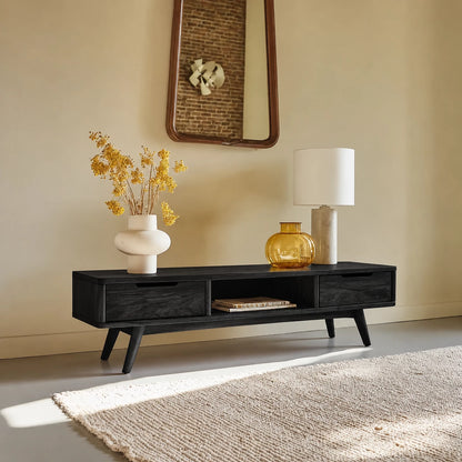 Mid Century Natural Solid Wood TV Stand with Open Shelf Storage - Livewoodcraft - 0624 - 10