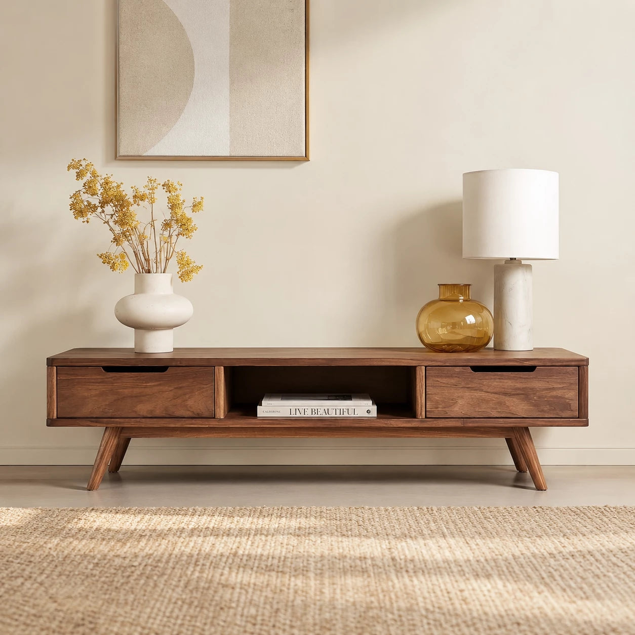 Mid Century Natural Solid Wood TV Stand with Open Shelf Storage - Livewoodcraft - 0624 - 11