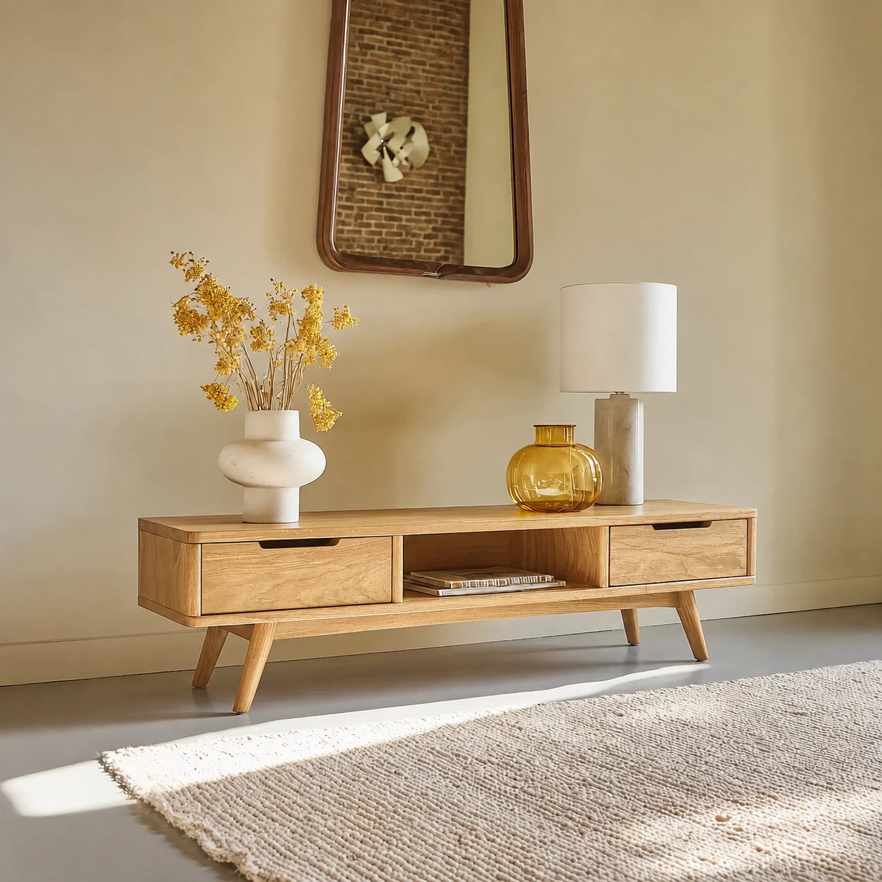 Mid Century Natural Solid Wood TV Stand with Open Shelf Storage - Livewoodcraft - 0624 - 12