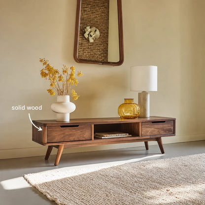Mid Century Natural Solid Wood TV Stand with Open Shelf Storage - Livewoodcraft - 0624 - 2