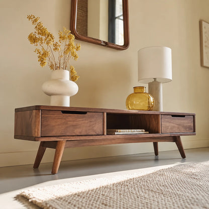 Mid Century Natural Solid Wood TV Stand with Open Shelf Storage - Livewoodcraft - 0624 - 5