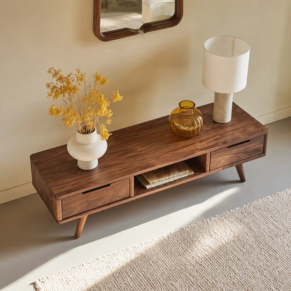 Mid Century Natural Solid Wood TV Stand with Open Shelf Storage - Livewoodcraft - 0624 - 6