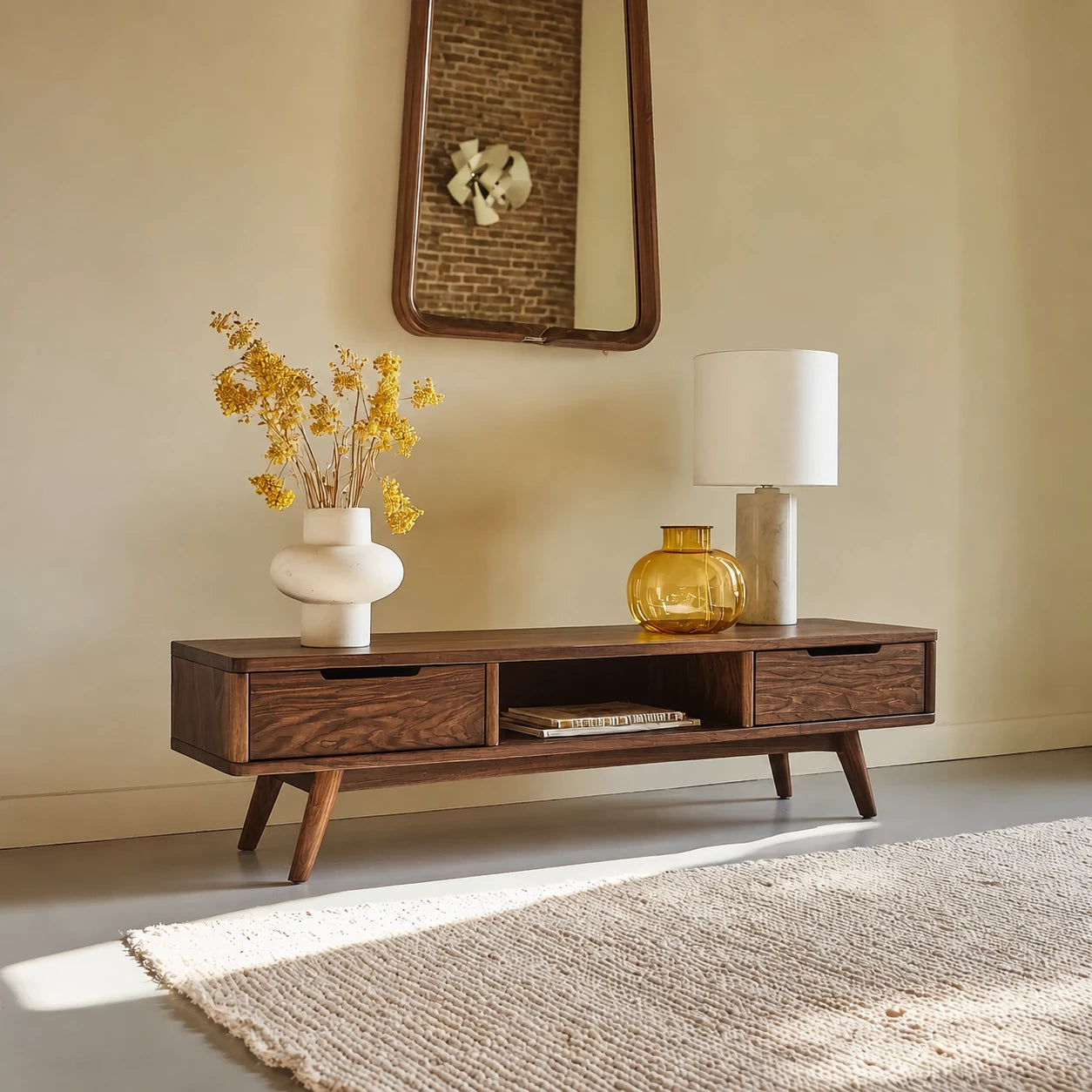Mid Century Natural Solid Wood TV Stand with Open Shelf Storage - Livewoodcraft - 0624 - 8