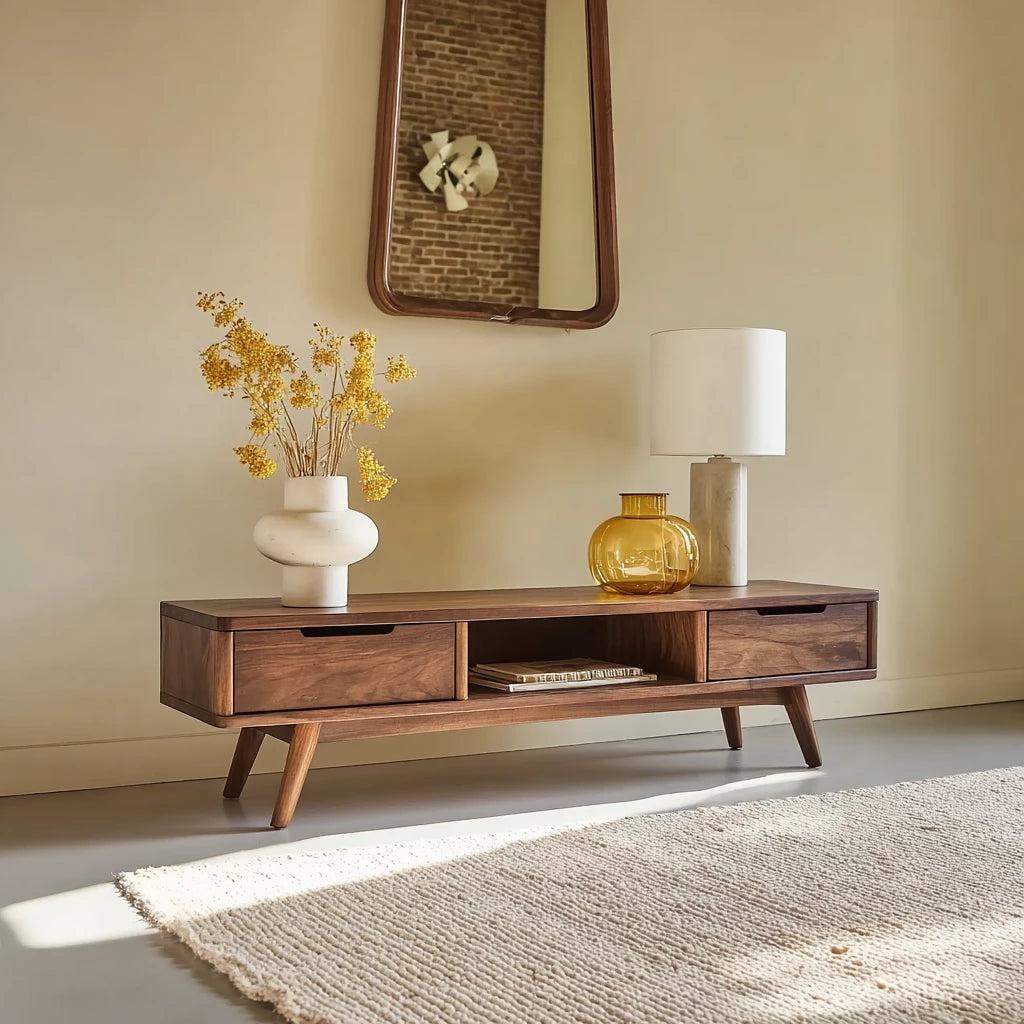 Mid Century Natural Solid Wood TV Stand with Open Shelf Storage - Livewoodcraft - 0624 - 9