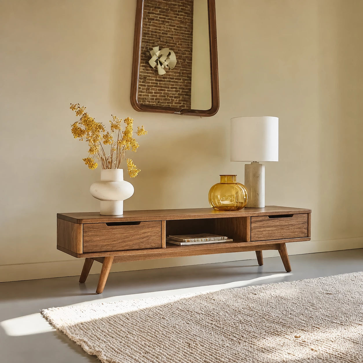 Mid Century Natural Solid Wood TV Stand with Open Shelf Storage - Livewoodcraft - 0624