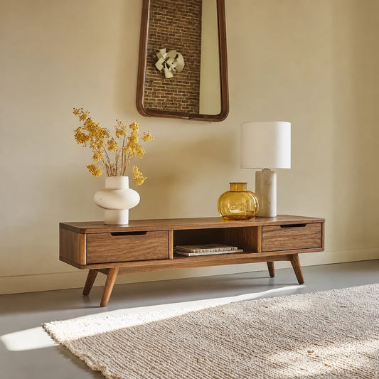 Mid Century Natural Solid Wood TV Stand with Open Shelf Storage - Livewoodcraft - 0624