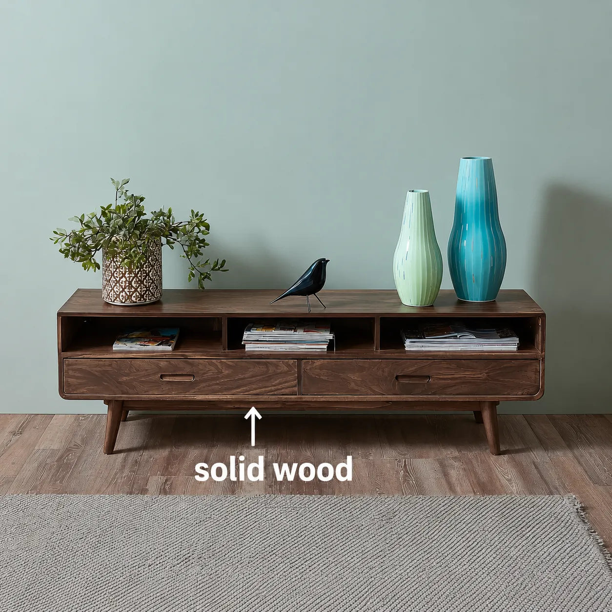 Mid Century Natural Solid Wood TV Stand with Open Shelf Storage - Livewoodcraft - 2