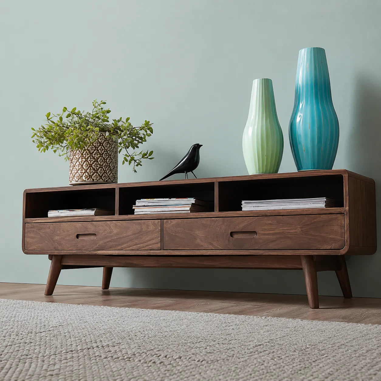 Mid Century Natural Solid Wood TV Stand with Open Shelf Storage - Livewoodcraft - 5