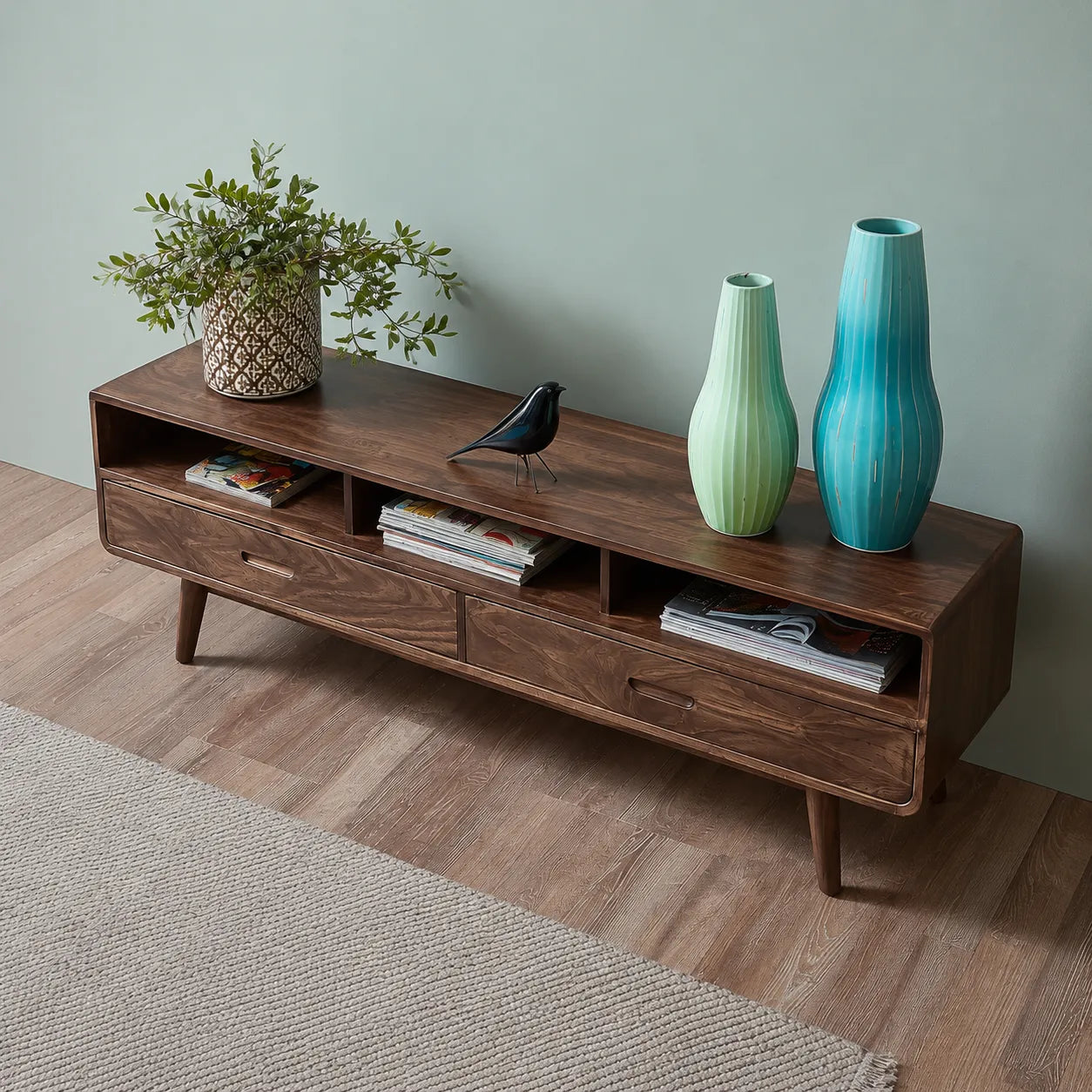 Mid Century Natural Solid Wood TV Stand with Open Shelf Storage - Livewoodcraft - 6