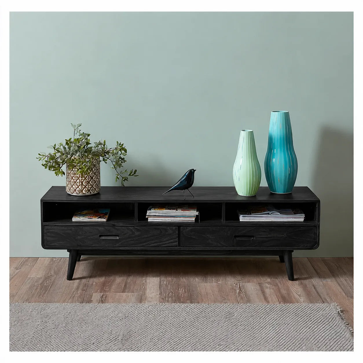 Mid Century Natural Solid Wood TV Stand with Open Shelf Storage - Livewoodcraft - 8
