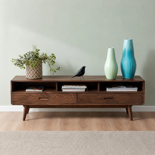 Mid Century Natural Solid Wood TV Stand with Open Shelf Storage - Livewoodcraft