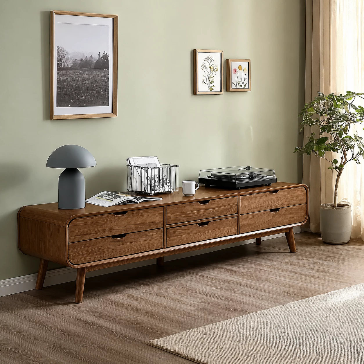 Mid Century Natural Solid Wood TV Stand with Six Drawer Storage - Livewoodcraft - 11
