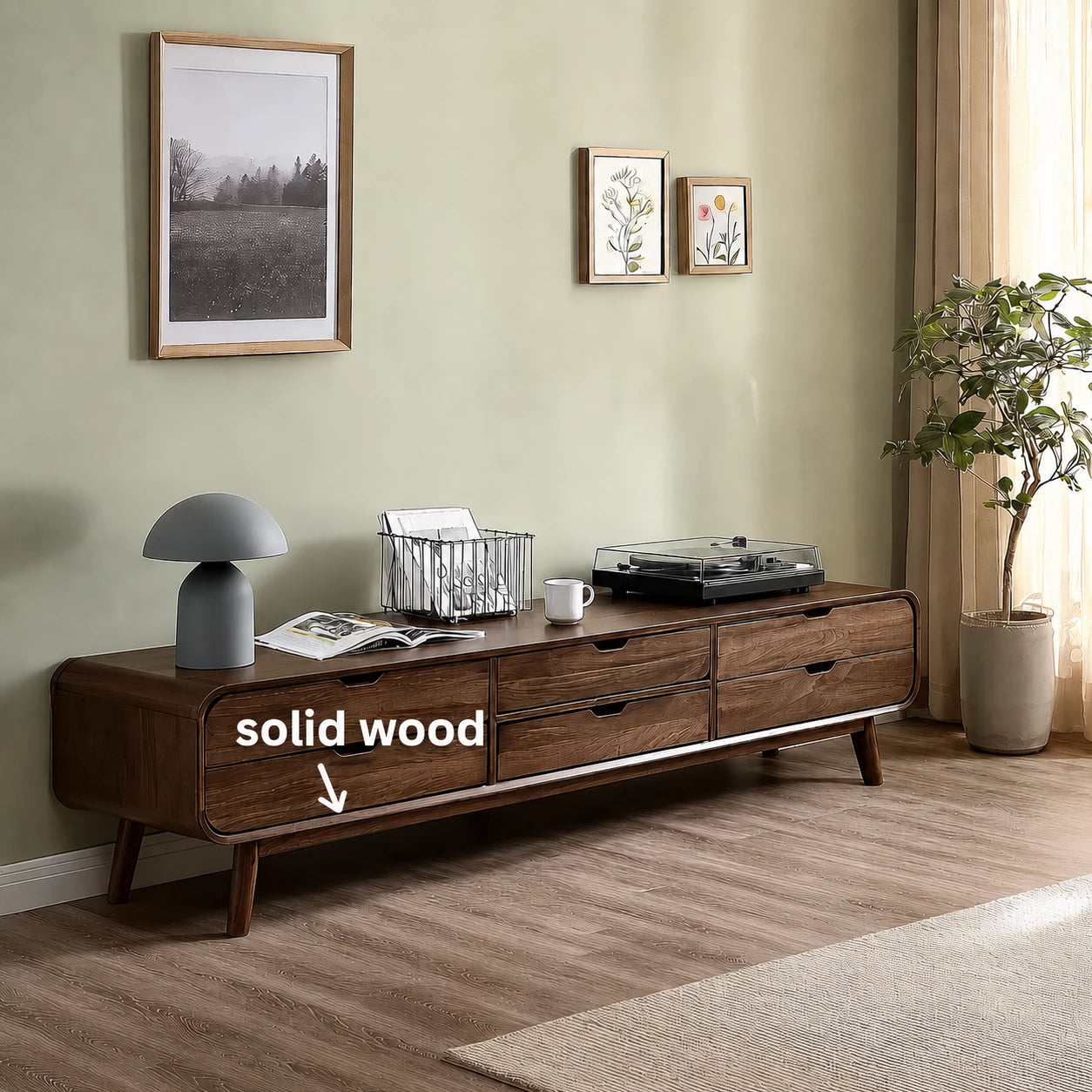 Mid Century Natural Solid Wood TV Stand with Six Drawer Storage - Livewoodcraft - 2