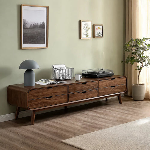 Mid Century Natural Solid Wood TV Stand with Six Drawer Storage - Livewoodcraft