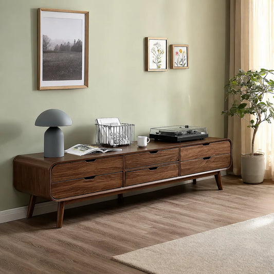 Mid Century Natural Solid Wood TV Stand with Six Drawer Storage - Livewoodcraft