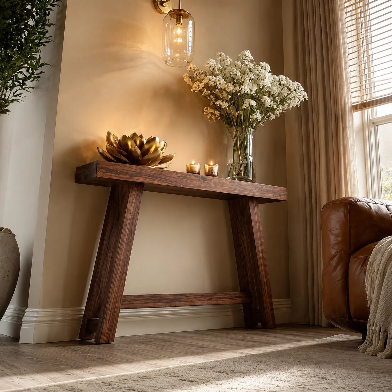 Minimalist Natural Solid Wood Console Table with Tapered A Frame Base - Livewoodcraft - 6