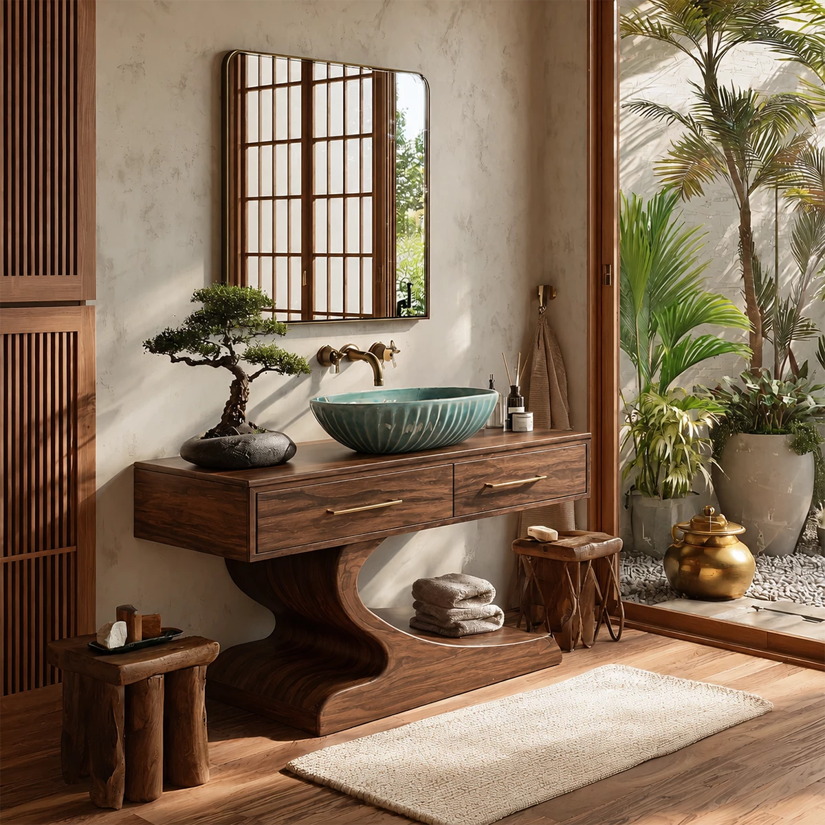 Modern Floating Bathroom Vanity with Sculptural Pedestal in Natural Solid Wood - Livewoodcraft - 2