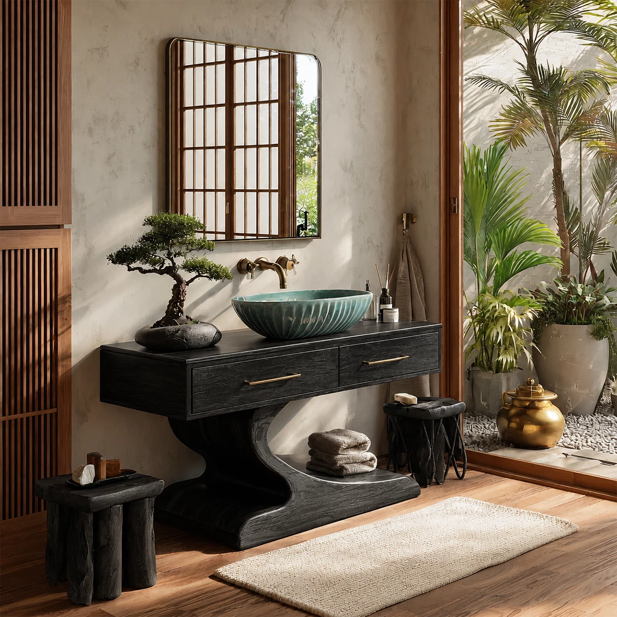 Modern Floating Bathroom Vanity with Sculptural Pedestal in Natural Solid Wood - Livewoodcraft - 3