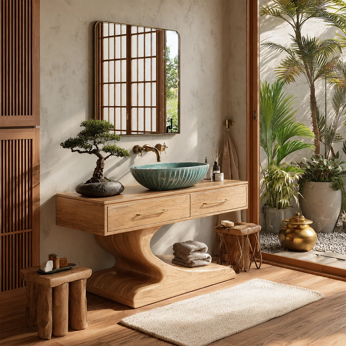 Modern Floating Bathroom Vanity with Sculptural Pedestal in Natural Solid Wood - Livewoodcraft - 4
