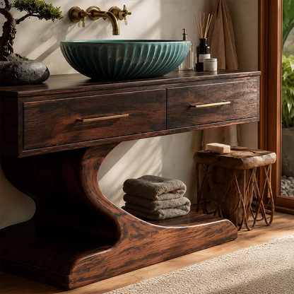 Modern Floating Bathroom Vanity with Sculptural Pedestal in Natural Solid Wood - Livewoodcraft - 5