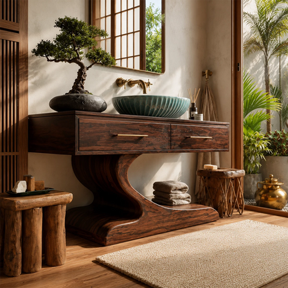 Modern Floating Bathroom Vanity with Sculptural Pedestal in Natural Solid Wood - Livewoodcraft - 6