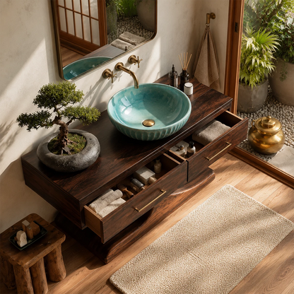Modern Floating Bathroom Vanity with Sculptural Pedestal in Natural Solid Wood - Livewoodcraft - 7