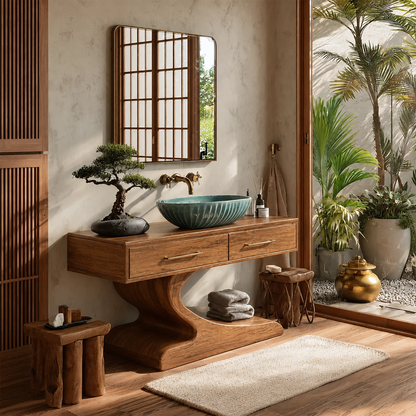 Modern Floating Bathroom Vanity with Sculptural Pedestal in Natural Solid Wood - Livewoodcraft - 8