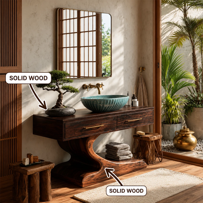 Modern Floating Bathroom Vanity with Sculptural Pedestal in Natural Solid Wood - Livewoodcraft - 9