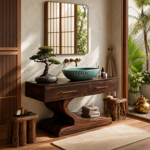 Modern Floating Bathroom Vanity with Sculptural Pedestal in Natural Solid Wood - Livewoodcraft