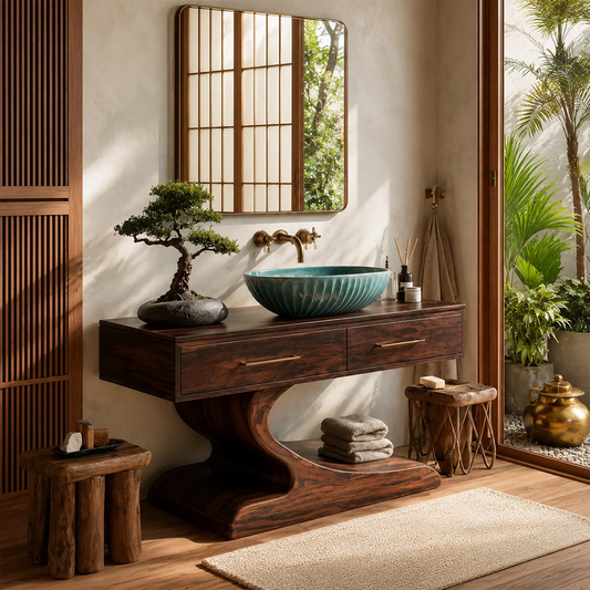 Modern Floating Bathroom Vanity with Sculptural Pedestal in Natural Solid Wood - Livewoodcraft