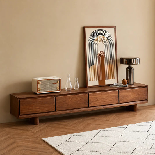 Modern Natural Solid Wood TV Stand with Four Drawer Storage Design - Livewoodcraft