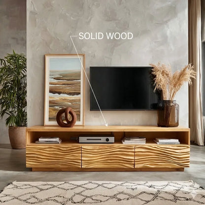 Modern Natural Solid Wood TV Stand with Wave Front Cabinet Design - Livewoodcraft - 2