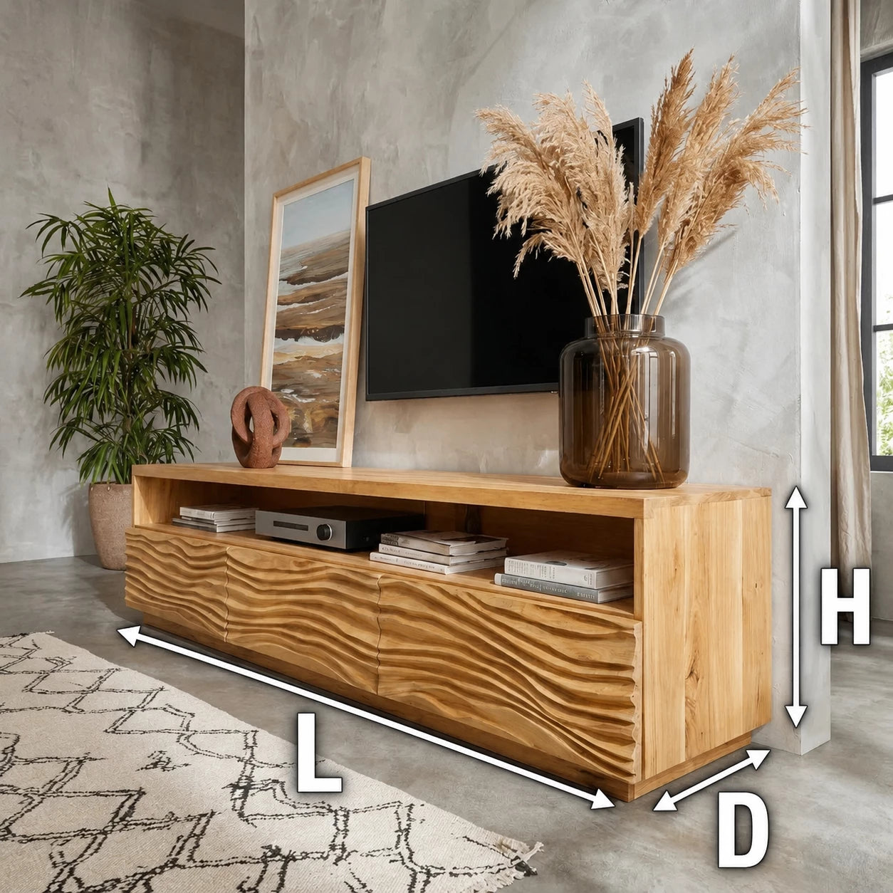 Modern Natural Solid Wood TV Stand with Wave Front Cabinet Design - Livewoodcraft - 3