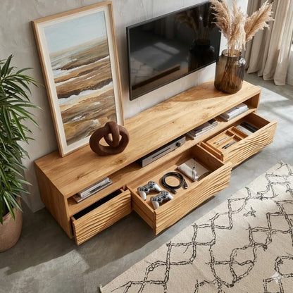 Modern Natural Solid Wood TV Stand with Wave Front Cabinet Design - Livewoodcraft - 4