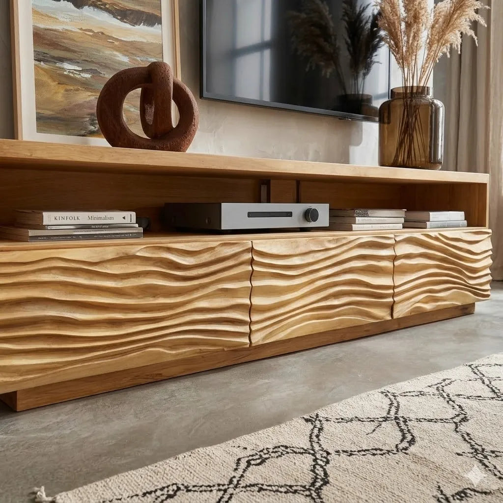 Modern Natural Solid Wood TV Stand with Wave Front Cabinet Design - Livewoodcraft - 5