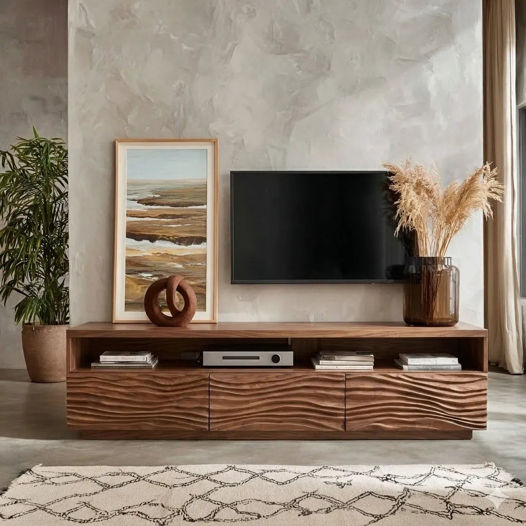 Modern Natural Solid Wood TV Stand with Wave Front Cabinet Design - Livewoodcraft - 7