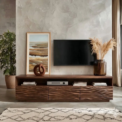 Modern Natural Solid Wood TV Stand with Wave Front Cabinet Design - Livewoodcraft - 8